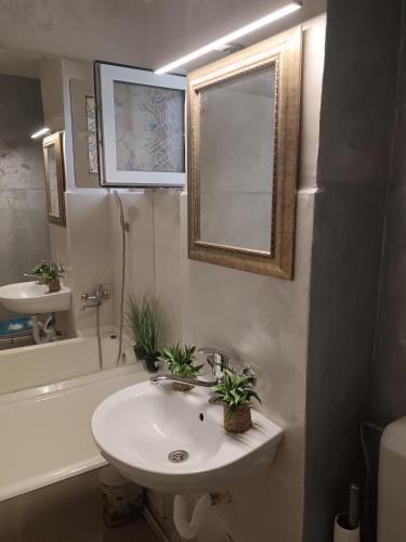a bathroom with a sink and a mirror and a tub at New 33 in Bacău