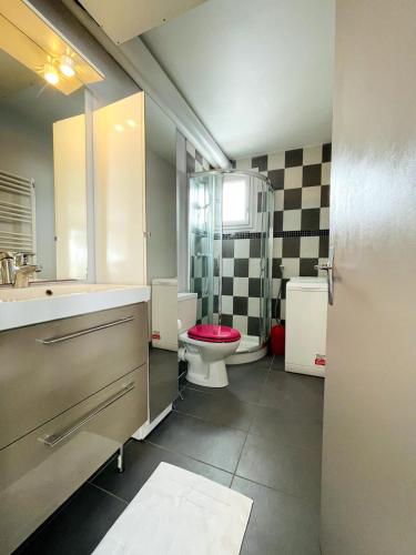 une salle de bain avec toilettes, lavabo et douche dans l'établissement La Vouagère - mountain view, aux Gets