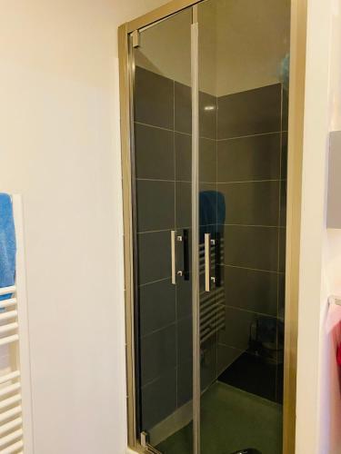 une douche avec une porte vitrée dans une salle de bain dans l'établissement T2 proche calanque sormiou, à Marseille