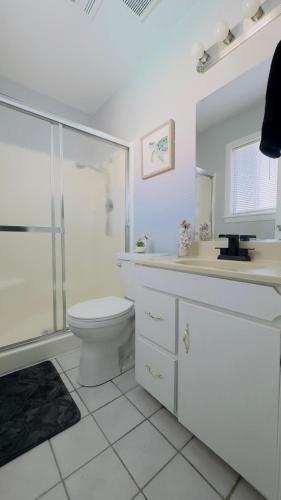 a bathroom with a toilet and a shower and a sink at Molino 3 bedroom 2 bath with pool in Las Vegas