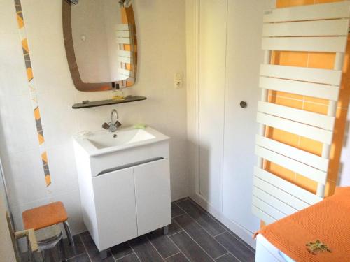 une petite salle de bain avec un lavabo et un miroir dans l'établissement Maison à 8min de plage Giraudière, à Grand-Village-Plage