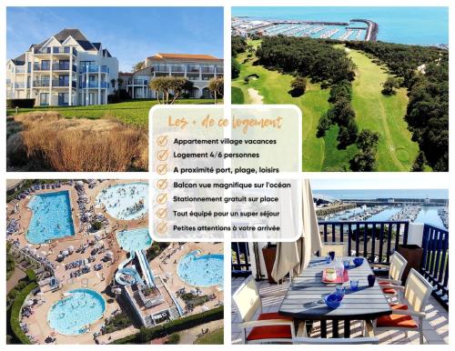 un collage de photos d'un complexe avec une piscine dans l'établissement 