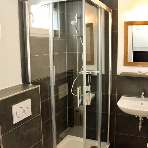 a bathroom with a shower and a sink at The Lodge Bad Harzburg in Bad Harzburg