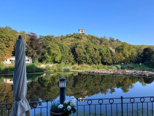 a view of a lake with a house on a hill at Hotel Victoria in Bad Kreuznach