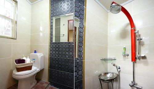 a bathroom with a shower and a toilet at Bluesean Pension in Namhae