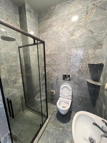 a bathroom with a shower and a toilet and a sink at Mandarini in Chakvi