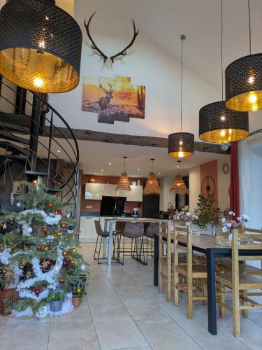 une salle à manger avec une table et un sapin de Noël dans l'établissement Maison La Valdiane vue lac et montagne, à Rousset