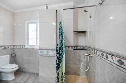 ロス・アブリゴスにあるÁtico Los Abrigosのトイレとガラスのシャワー付きのバスルーム