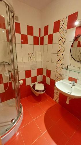 a bathroom with a toilet and a sink at Penzion Slunečno in Dobšín