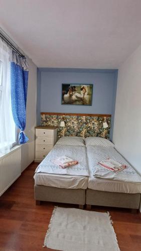 a bedroom with a bed and a blue wall at Penzion Slunečno in Dobšín