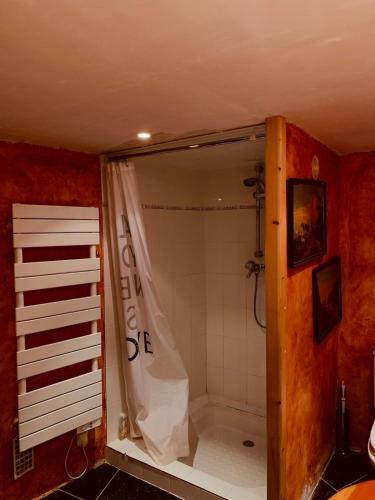 une salle de bain avec une douche avec un rideau de douche dans l'établissement Le Mouton Rouge - Superbe appartement avec terrasse, à Séez