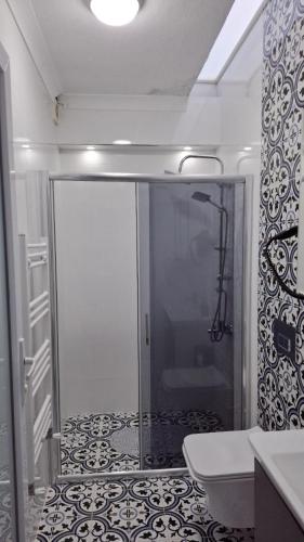 a bathroom with a shower and a toilet and a sink at Dusler Vadisi Kazdaglari in Edremit