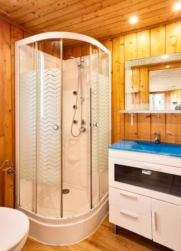 a bathroom with a shower and a toilet and a sink at Camping El Roble Verde in Anúcita