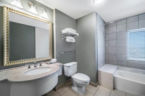 a bathroom with a sink and a toilet and a mirror at Renaissance Dallas North Hotel in Dallas