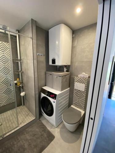une salle de bain avec machine à laver et toilettes dans l'établissement Appartement MIRAMAR 6 couchages, à Cannes