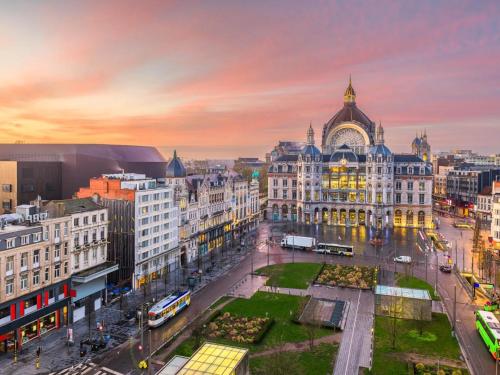 an aerial view of a city at sunset at Room For Rent in Antwerpen in Antwerp