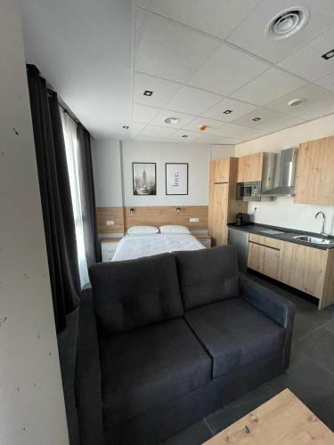 a living room with a couch and a bed at Apartamentos - Mirasur in Parla