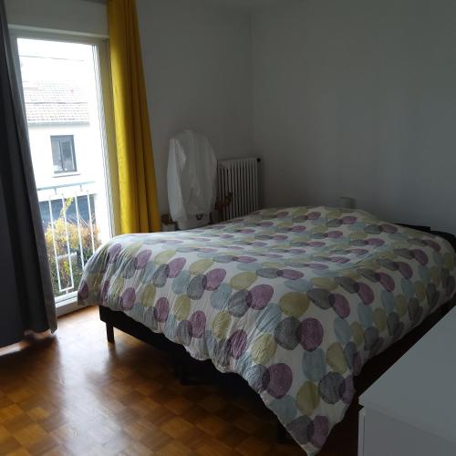 une chambre avec un lit avec une couette dessus dans l'établissement Appartement T2, à Albi
