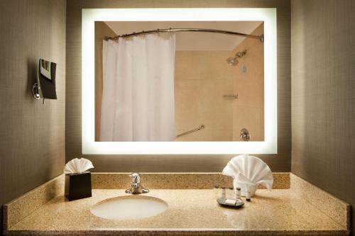 a bathroom with a sink with a mirror and a shower at Sheraton Bucks County Langhorne in Langhorne