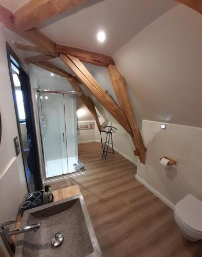 - une salle de bains avec toilettes dans une chambre dotée de poutres en bois dans l'établissement La Galuche, à Angliers
