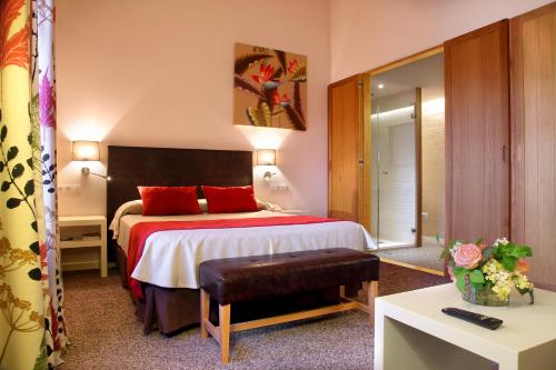 a hotel room with a bed and a mirror at Hostería de Guara in Bierge