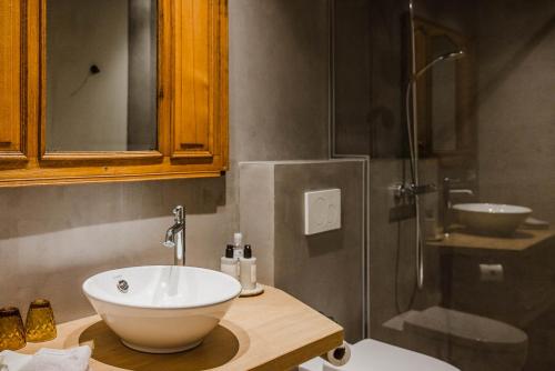 a bathroom with a bowl sink and a shower at B&B de ZIL in Herselt