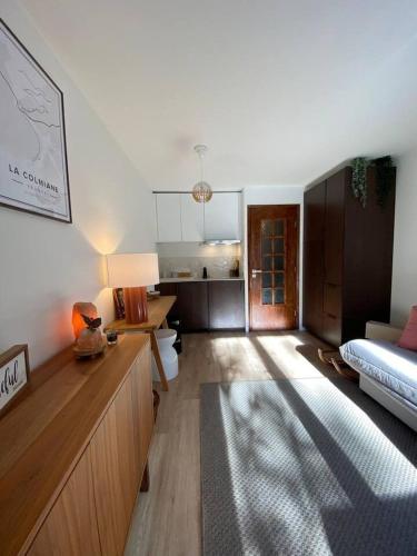 un salon avec un canapé et un lit dans l'établissement Sublime studio avec terrasse, à La Colmiane