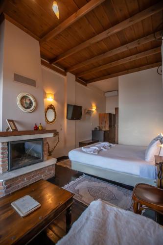 a bedroom with a bed and a fireplace at Archontiko Zakoni in Neochori