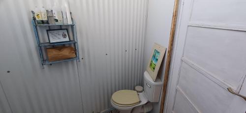 a small bathroom with a toilet and a shelf at Dopper Joris Bruidswa Adam se Uitspanning in Orania