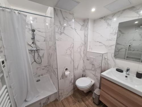 une salle de bain avec toilettes, douche et lavabo dans l'établissement Charmant appartement à 50 m de la plage, à Palavas-les-Flots