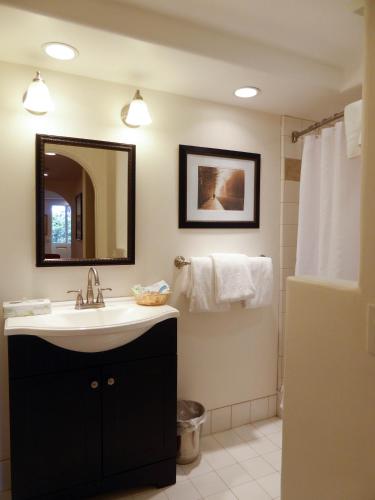 a bathroom with a sink and a mirror at Carmel Dolores Cottages in Carmel