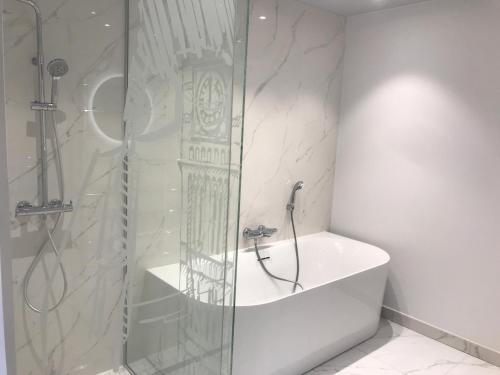 a bathroom with a shower and a bath tub at Logis Hôtel Restaurant La Vraine in Gironcourt-sur-Vraine