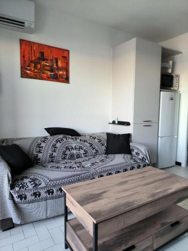 un salon avec un canapé et une table dans l'établissement Appartement Front de mer CIMER, à Canet
