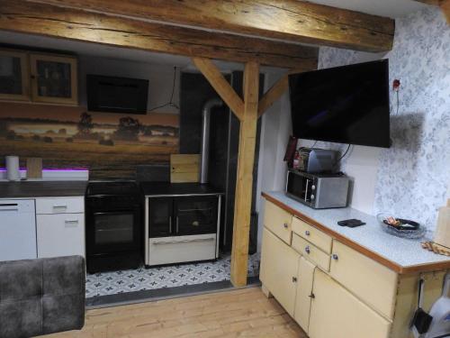 a kitchen with a stove and a tv on the wall at Alter Wirt in Steckelsdorf