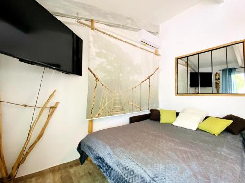 une chambre avec un lit et une télévision au mur dans l'établissement Jolie petite villa au coeur des Capellans Piscine, à Saint Cyprien Plage