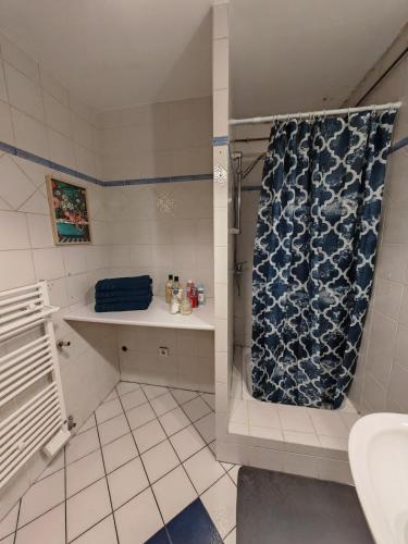 une salle de bain avec douche et lavabo dans l'établissement Grand loft bourgeois, Coeur Vieux Lyon, à Lyon