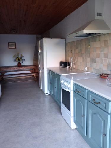 La cuisine est équipée de placards bleus et d'un réfrigérateur blanc. dans l'établissement Gite Le Chalet, à Saint-Laurent-des-Vignes