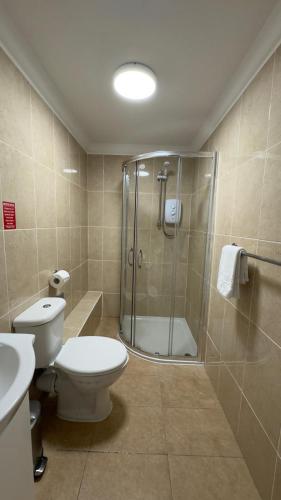 a bathroom with a shower and a toilet and a sink at The Waverley Guest House in Inverness
