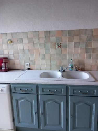 une cuisine avec des armoires bleues et un évier dans l'établissement Gite Le Chalet, à Saint-Laurent-des-Vignes