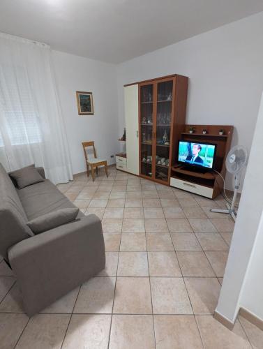 a living room with a couch and a tv at Appartamento Sabina Rosignano Castiglioncello in Rosignano Solvay