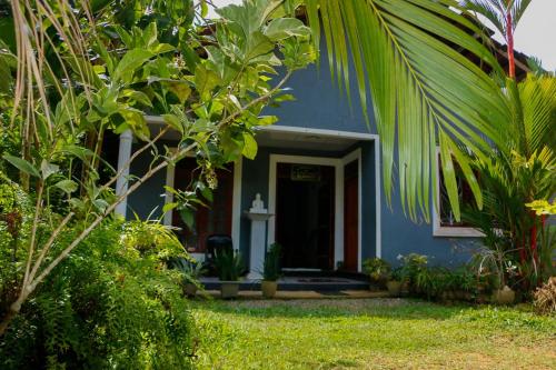 a blue house with a palm tree in front of it at Mountain Breeze Inn Midigama in Midigama