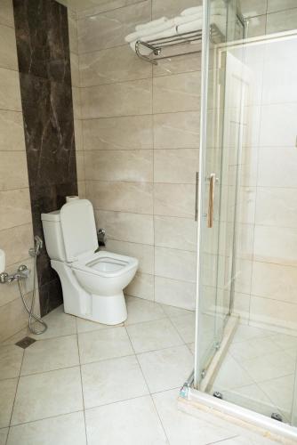 a bathroom with a toilet and a glass shower at Flamingo Hotel in Baku