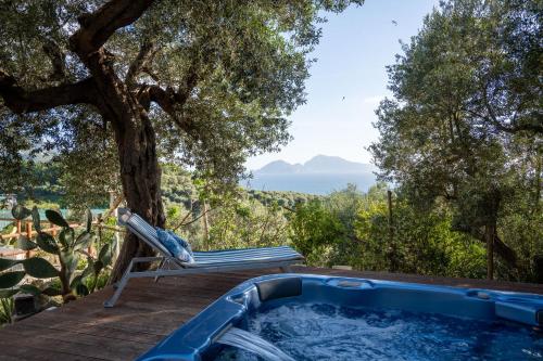 a hot tub on a deck next to a tree at Villa Manu in Massa Lubrense