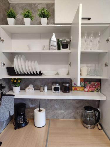 a kitchen with white shelves with dishes and plants at Narva Vahtra Apartment in Narva