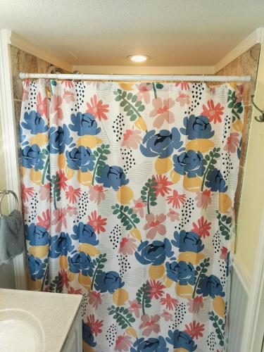 a shower curtain with a floral pattern in a bathroom at Cozy Texoma Guesthouse in Sherman