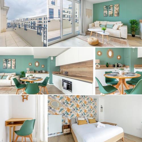 un collage de photos d'un salon et d'une salle à manger dans l'établissement Refuge Naturel au Cœur des Docks, à Saint-Ouen