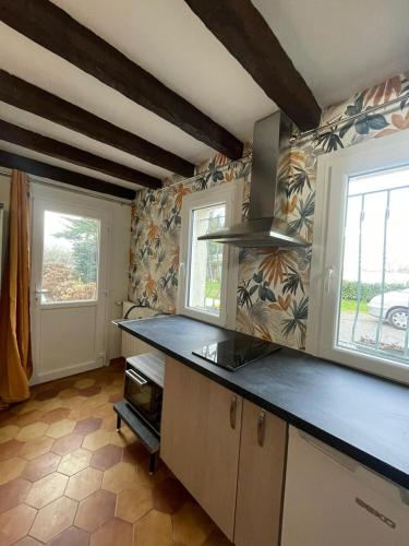 - une cuisine avec un comptoir et 2 fenêtres dans l'établissement Studio indépendant dans maison d habitation, à Pontchâteau