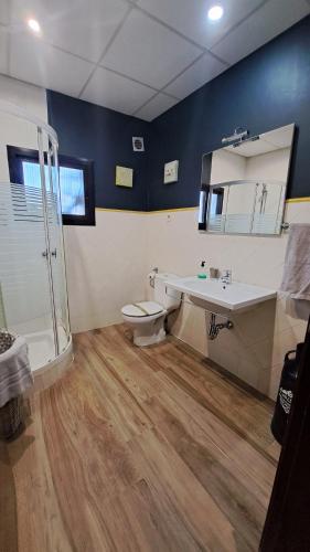 a bathroom with a toilet and a sink and a shower at Las Eras 2 in Herencia