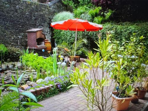 a garden with a red umbrella and many plants at Ferienwohnung Danielle Kessler in Idar-Oberstein