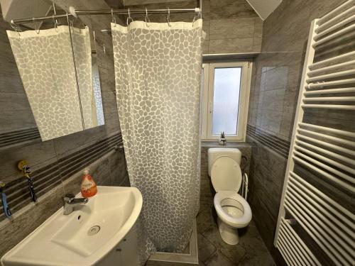 a bathroom with a white toilet and a sink at Sweet Dreams in Sarajevo